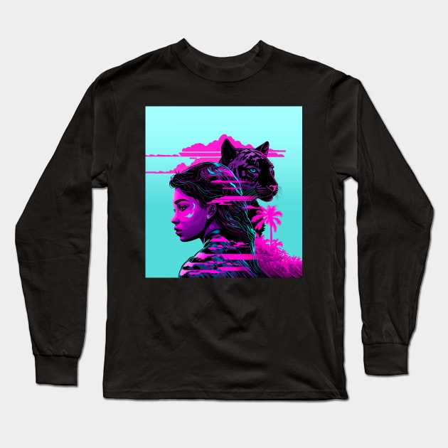 Girl and Panther vaporwave style Long Sleeve T-Shirt by KIDEnia